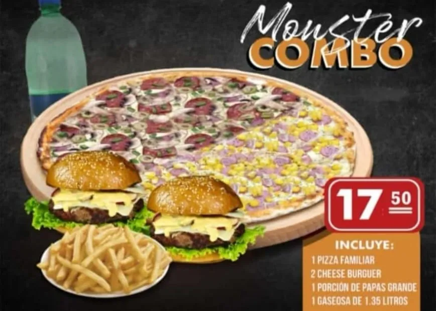 Promo Monster Combo: pizza familiar, dos cheese burgers, papas y gaseosa