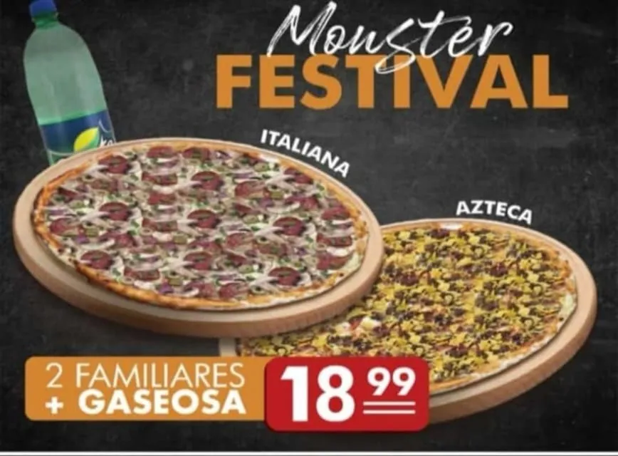 Promo Monster Festival: dos pizzas familiares y gaseosa